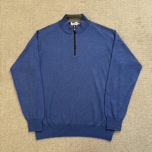 Peter Millar Crown Soft Suede Trim 1/4 Zip Sweater Men XL Blue Merino Wool Silk
